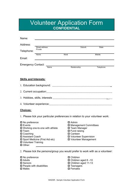 application for volunteer work sample