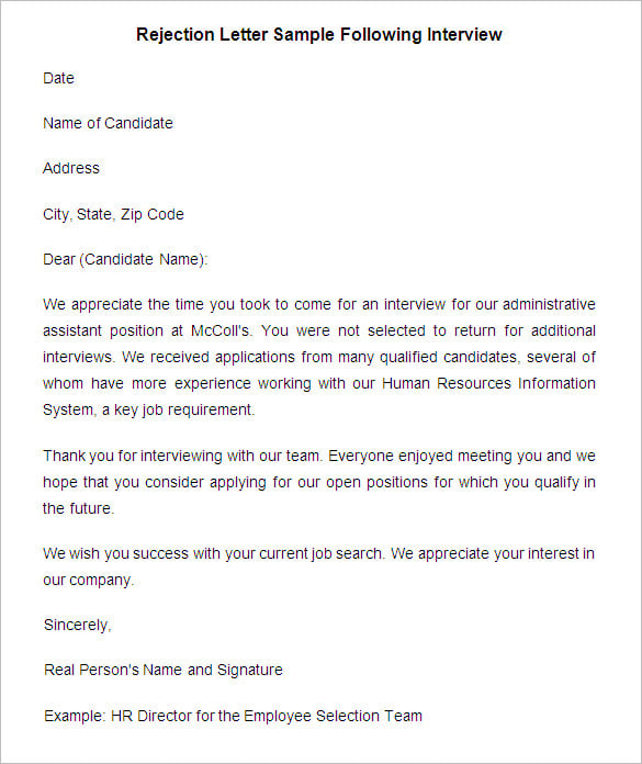 applicant rejection letter no interview