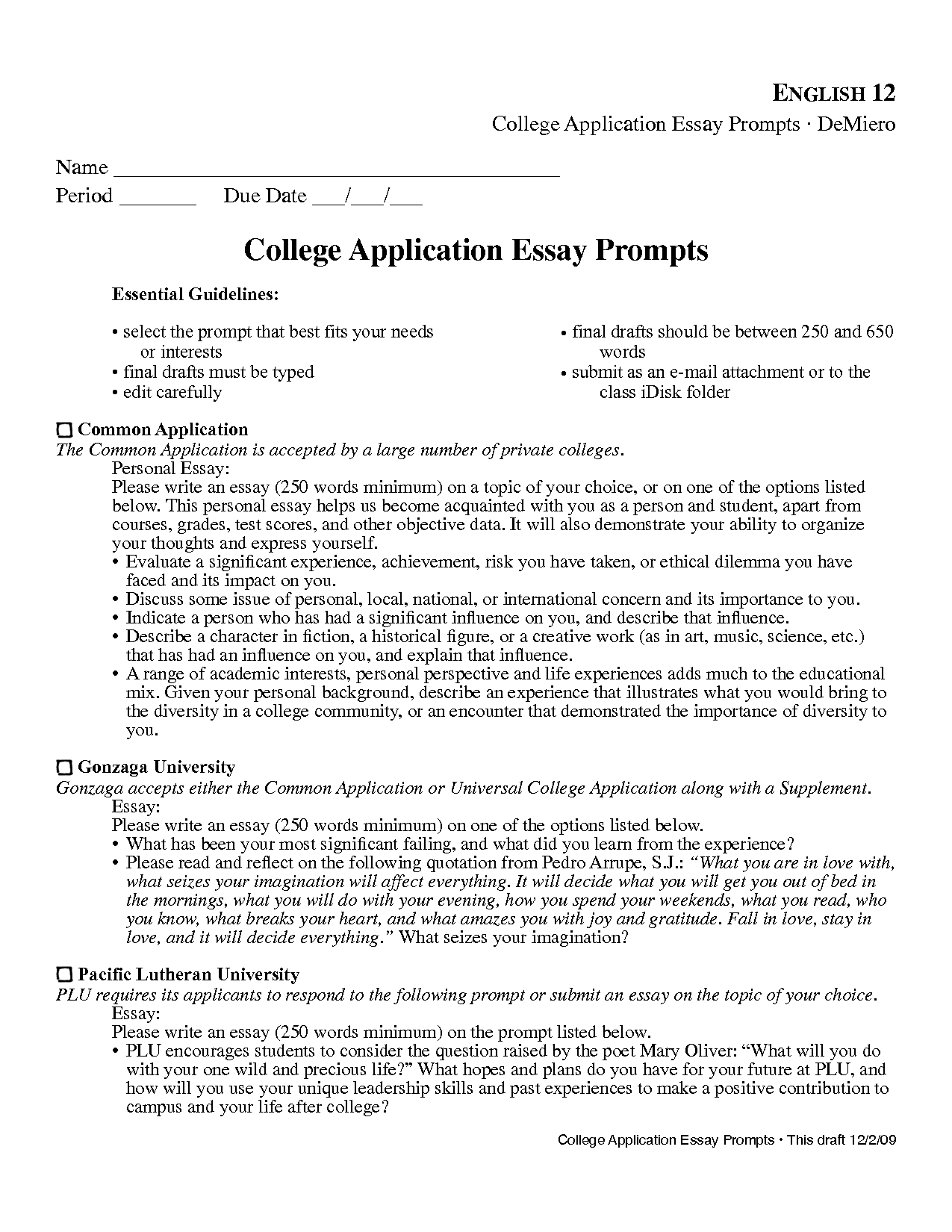college application essay format example